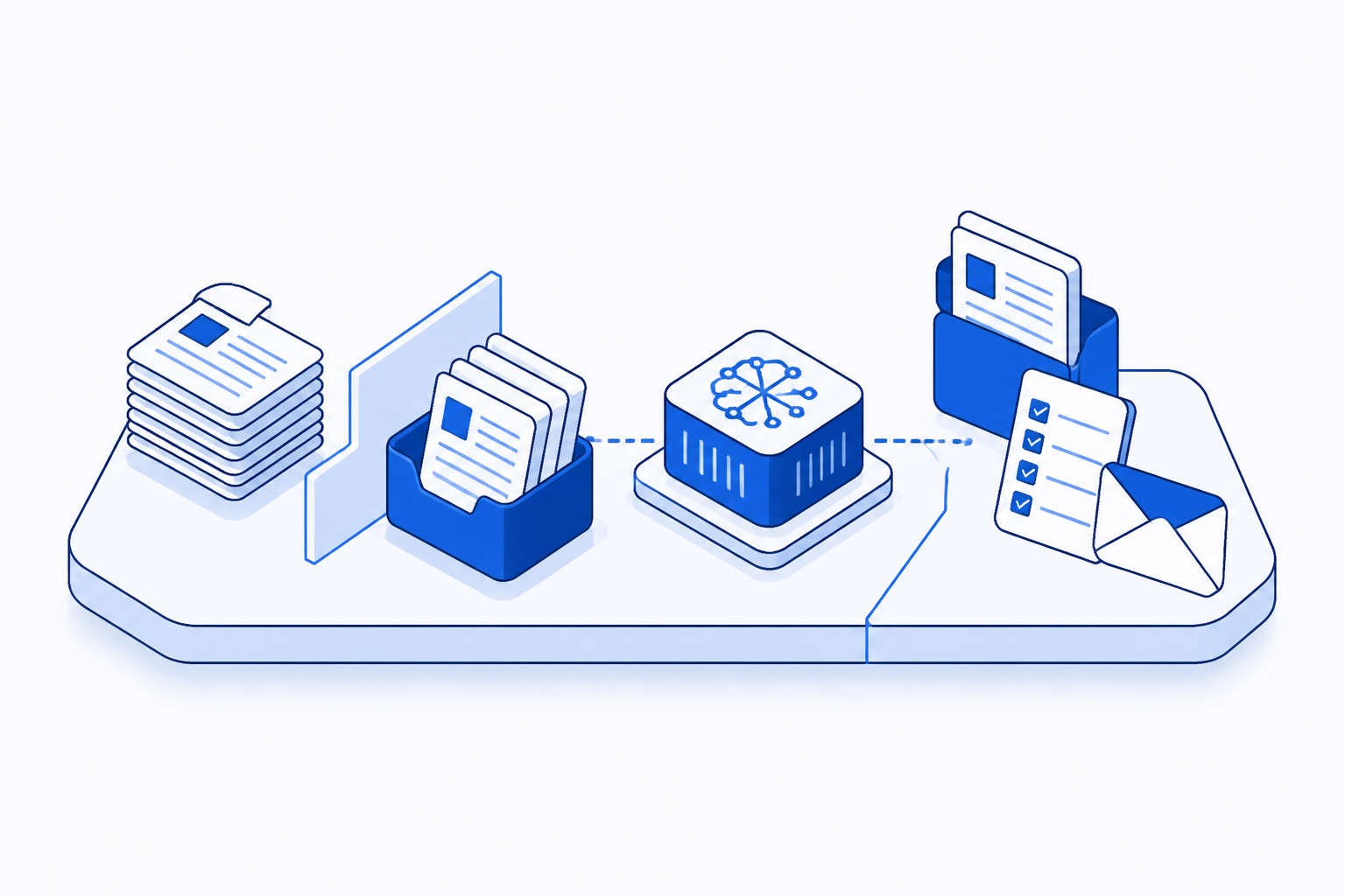 Isometric blue illustration showing ai for small law firms moving from scattered manual work, through an automation step, to an organised result