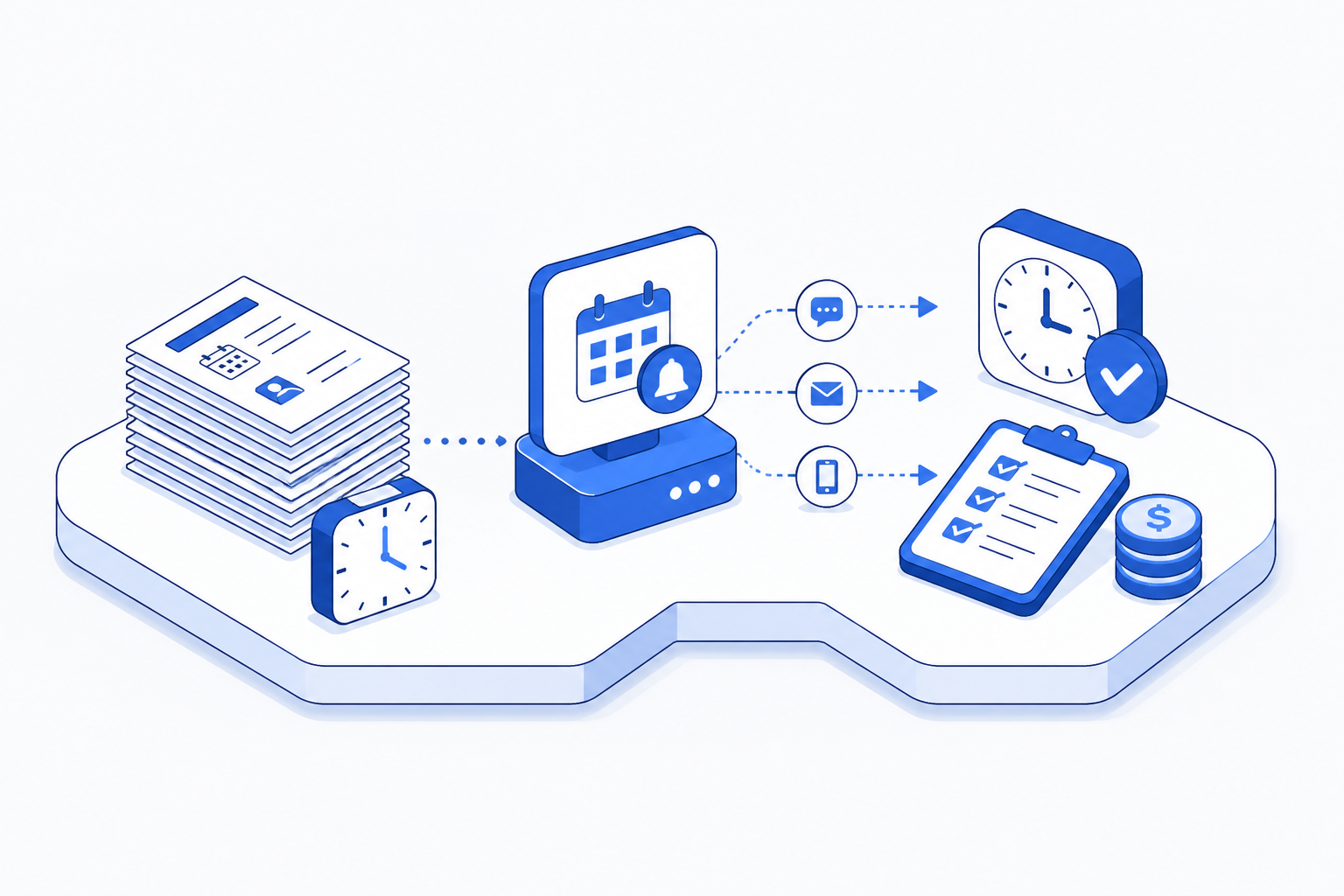 Isometric blue illustration showing how automated patient reminders save 5 hours and cut no-shows moving from scattered manual work, through an automation step, to an organised result