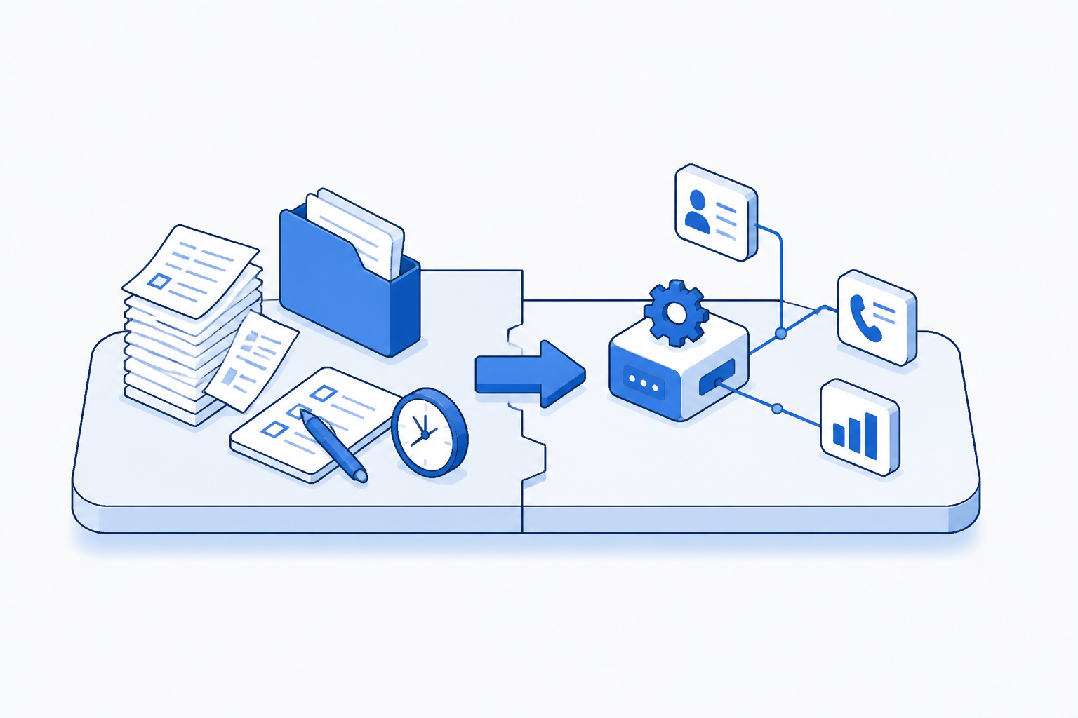 Isometric blue illustration showing crm automation moving from scattered manual work, through an automation step, to an organised result
