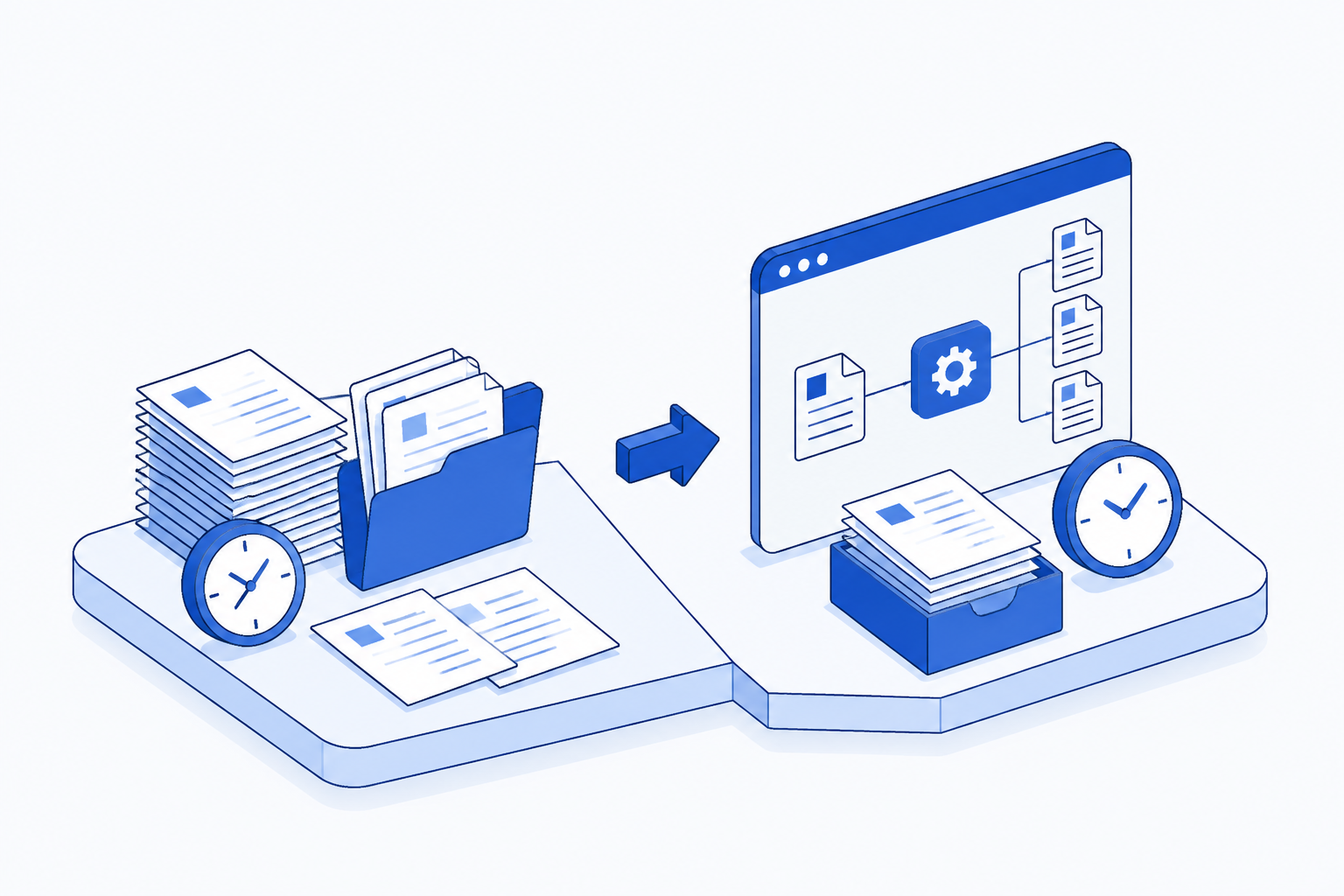 Isometric blue illustration showing document automation moving from scattered manual work, through an automation step, to an organised result