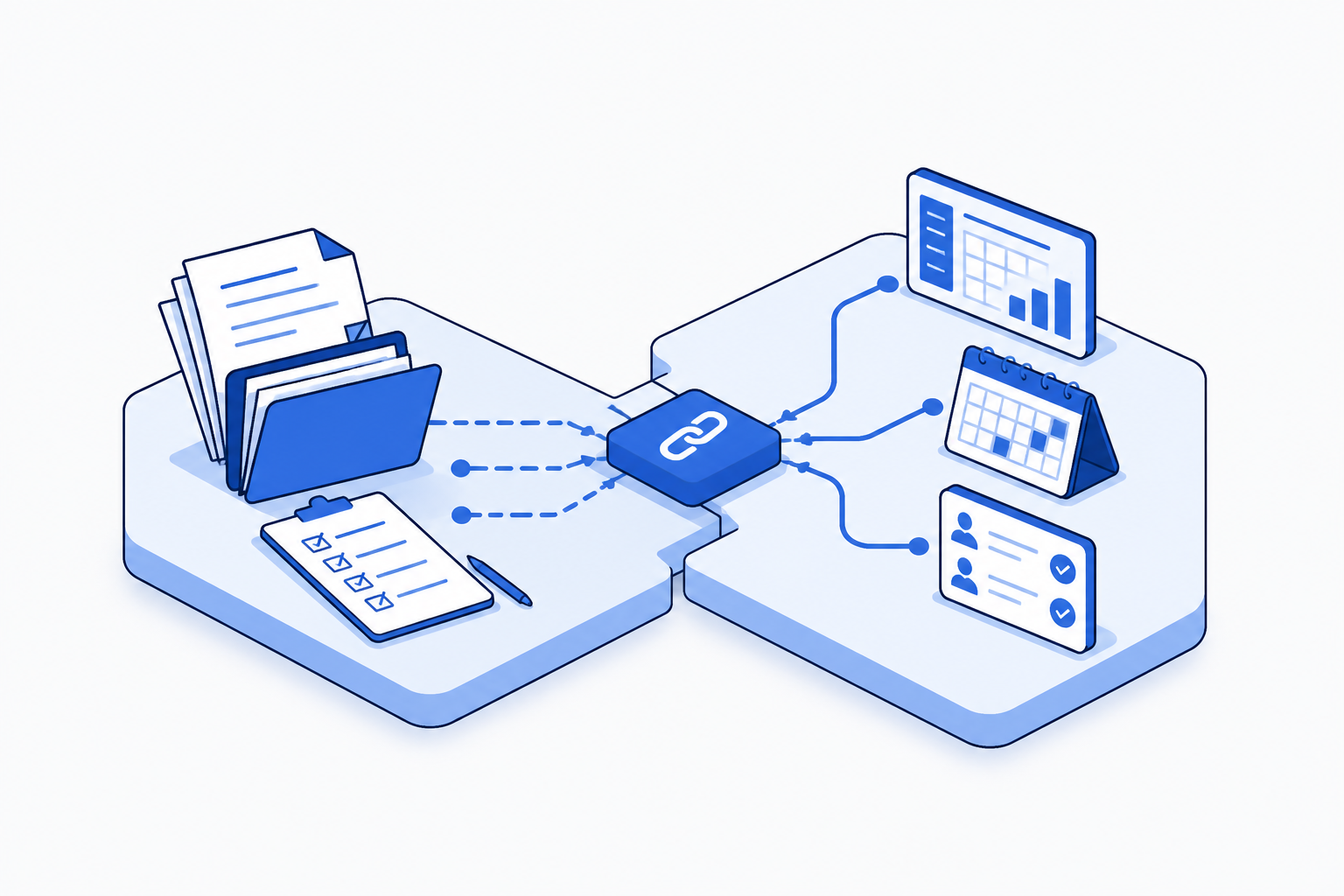 Isometric blue illustration showing jobber integrations moving from scattered manual work, through an automation step, to an organised result