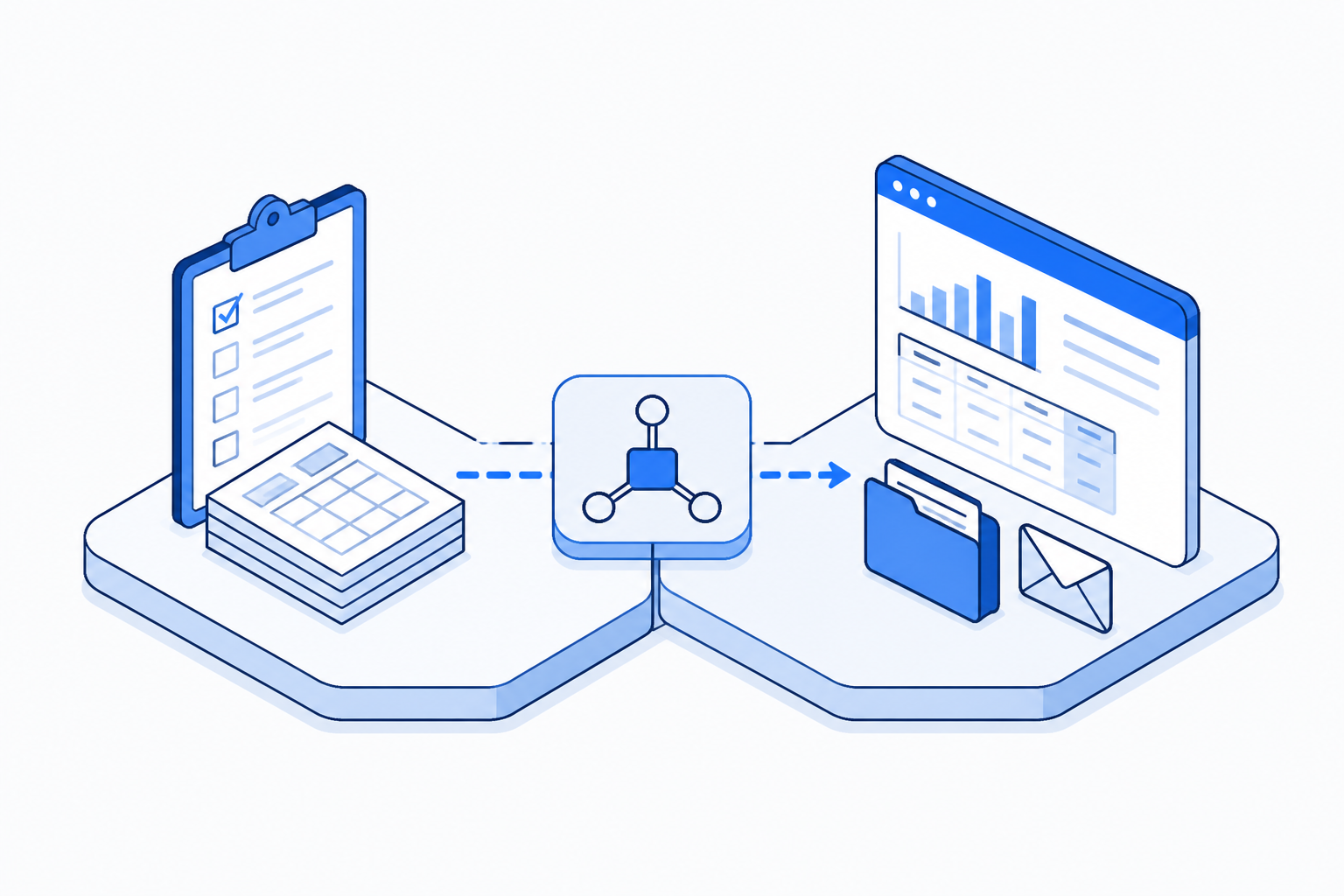 Isometric blue illustration showing servicetitan integrations moving from scattered manual work, through an automation step, to an organised result